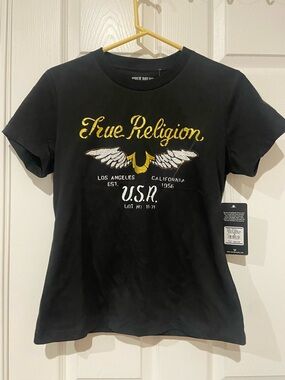 True Religion Black Tee with Gold & White Embroidered Logo